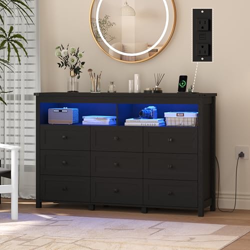 Image of Wodeer 9 Drawer Dresser for Bedroom with LED Lights, Charging Station, Wood Chest of Drawers with Metal Handles, Modern TV Stand & Storage Organizer for Living Room, Hallway, Black