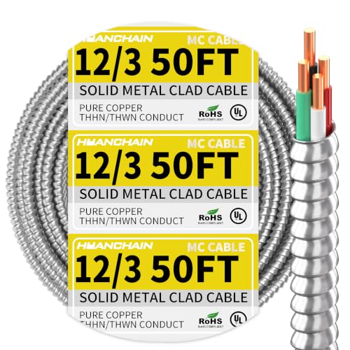 HUANCHAIN 12/3 MC Cable 50FT Solid Copper Wire with Aluminum Armor