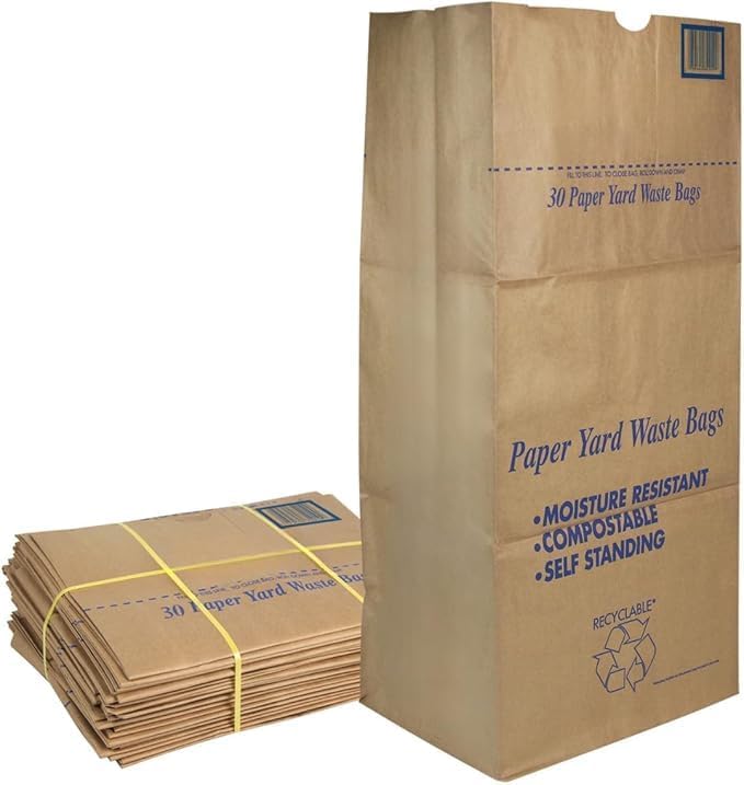 30 Gallon Lawn & Leaf 2-Ply Heavy-Duty Yard Waste Compost Refuse Paper Bags, Eco-Friendly, Tear Resistant, Self Standing, Biodegredable, Made in USA, 15 Count