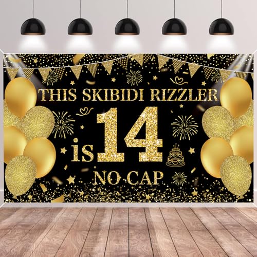 Image of Black Gold This Skibidi Rizzler is 14 No Cap Happy Birthday Backdrop Banner Photography Background Decorations for Boys Girls 14th Year Bday Party Accessories Supplies 72.8 * 43.3in