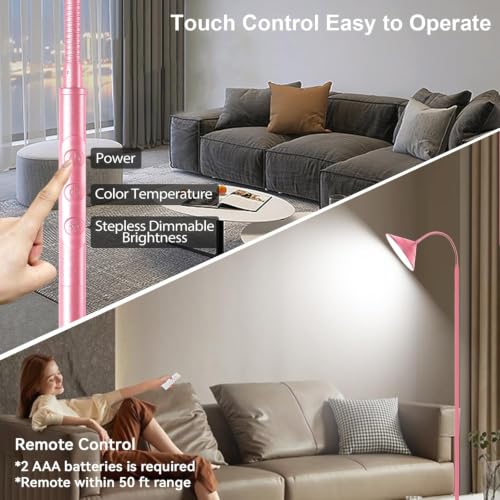 Image of Yikuneng Dimmable LED Floor Lamp, Super Bright Reading Lamps Floor Standing lamp with Remote & Touch Control, Stepless Dimming & 2700K-6500K Color Temperature, for Living Room Bedroom Office, Pink