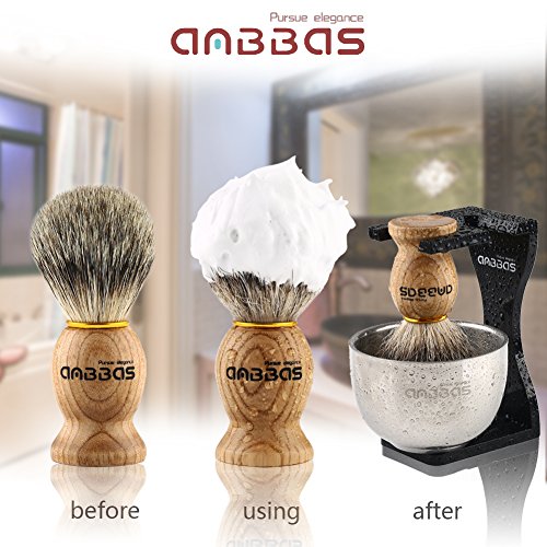 Shaving Set, Anbbas 4in1 Pure Badger Hair Shaving Brush Solid Manchurian Ash Wood Handle,Black Broken-Resistant Acrylic Shaving Stand,Stainless Steel Shaving Bowl Dia 3.2 inch and Goat Milk Soap 100g - Thumbnail 5