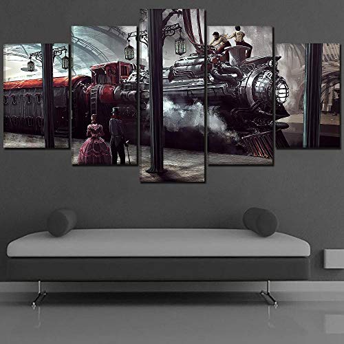Djdasn 5 Piece Steampunk Train Poster Canvas Print Train Station Locomotive And People Painting Modern Home Decor Artwork 150*80cm（Frameless） Cafe study office Wall background living room Gym bar beds steampunk buy now online