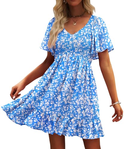 Image of UEAL Womens Cute Floral Smocked V Neck Flutter Sleeve Sundress with Pockets Casual Spring Summer Dresses for Women 2026