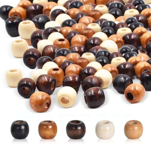 HXSYKJDM Perlas, Cuentas de madera con agujero grande, 500 cuentas de madera ovaladas naturales, 5 colores, cuentas de madera, bolas de madera con agujero para manualidades, joyas Herstellun