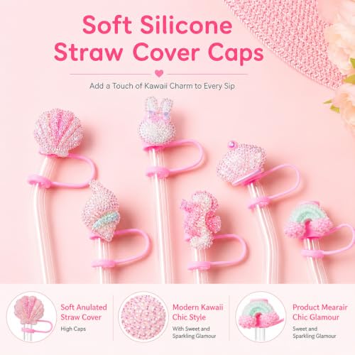 Image of HASTHIP Glitter Pink Straw Cover Caps Silicone Straw Toppers for Kids Party