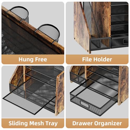 Image of Marbrasse Desk Organizer with File Holder, 5-Tier Paper Letter Tray Organizer with Drawer and 2 Pen Holder, Mesh Desktop Organizer and Storage with Magazine Holder for Office Supplies (Wood-Brown)