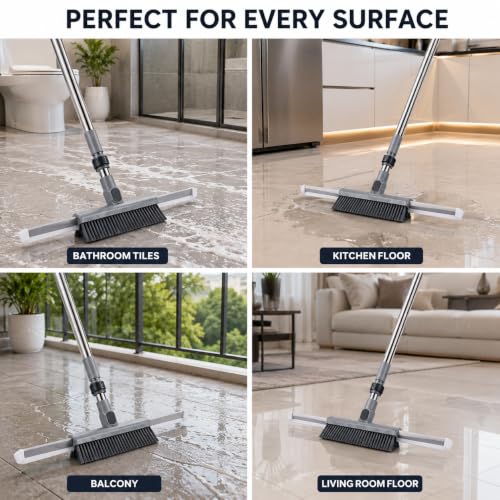 Image of Vasukie 2-in-1 Floor Scrub Brush, Adjustable Stainless Steel Long Handle, Broom for Floor Cleaning, Wet /Dry Multi-Surface Wiper for Bathroom, Glass, Pet Hair, and Concrete (Grey)