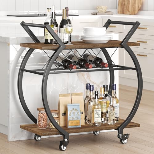 Image of LVB Industrial Bar Cart, Beverage Serving Cart with Wheels, Rustic Brown