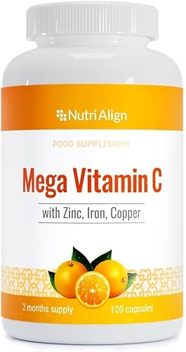 Mega Vitamina C 1000mg Fortificada con Zinc, Hierro y Cobre. Potente impulso del sistema inmunológico. Sin azúcar, sin gluten. Suministro de 2 meses