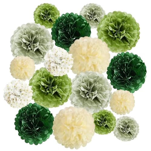 17 Pièces Pompon Papier De Soie, Pompon Boule à Suspendre Pompons Papier de Soie Vert Nid D'Abeille Réutilisable Decoration Pour Mariage Fête Prénuptiale...