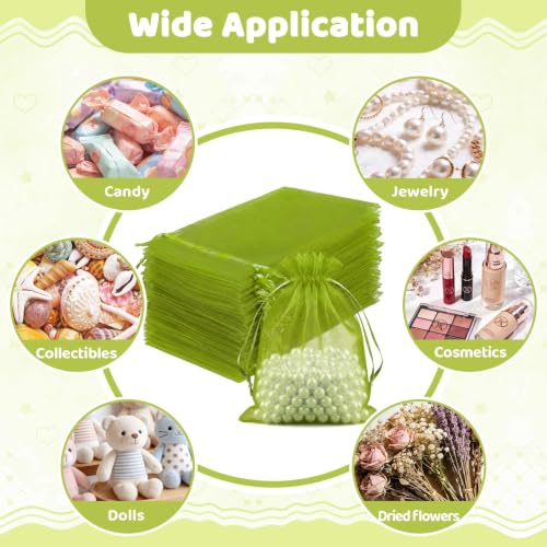 Image of FUNFERY 100PCS Green Organza Gift Bags 4x6in,Drawstring Pouch for Jewelry