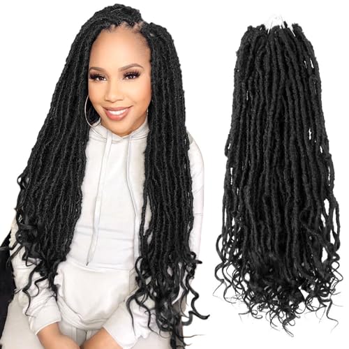 Niseyo Wild Locs 18 Inch New Faux Locs with Curly Ends 8 Packs Distressed Goddess Locs Crochet Hair 18 In Long Soft Butterfly Loc Pre-looped Bohemian Deep Wavy End (Handmade, 1B/Natural Black)