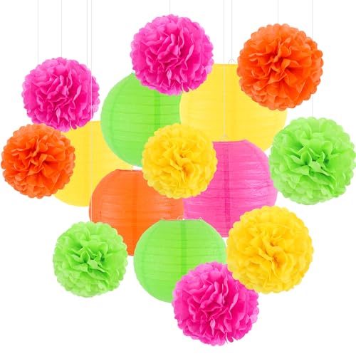 zilue Glow in the Dark Party Supplies, Paper Lanterns and Pom Poms Flowers for...
