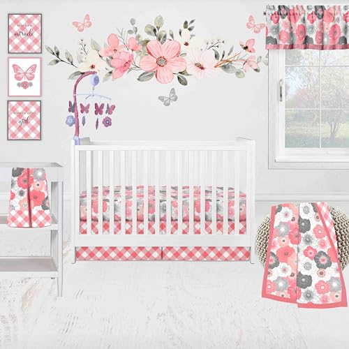 Watercolor Flowers Coral/Gray Girls Crib Bedding Set 10 pc Crib Bedding Set with 2 Crib Fitted Sheets
