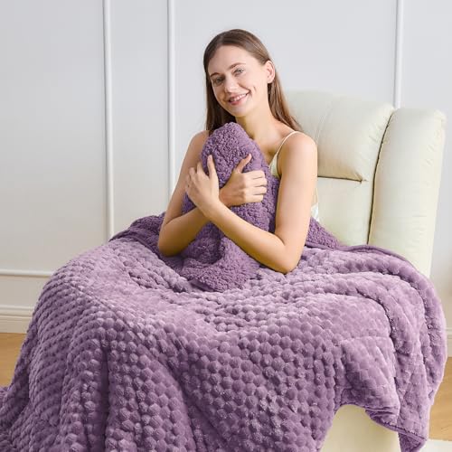 Wemore Fleece Weighted Blanket for Adults (60" x 80" 20lbs, Purple), Dual Sided Cozy Soft Sherpa Heavy Blanket, 3D Imitation Turtle Shell Warm Jacquard Flannel Weighted Blankets for Couch and Bed