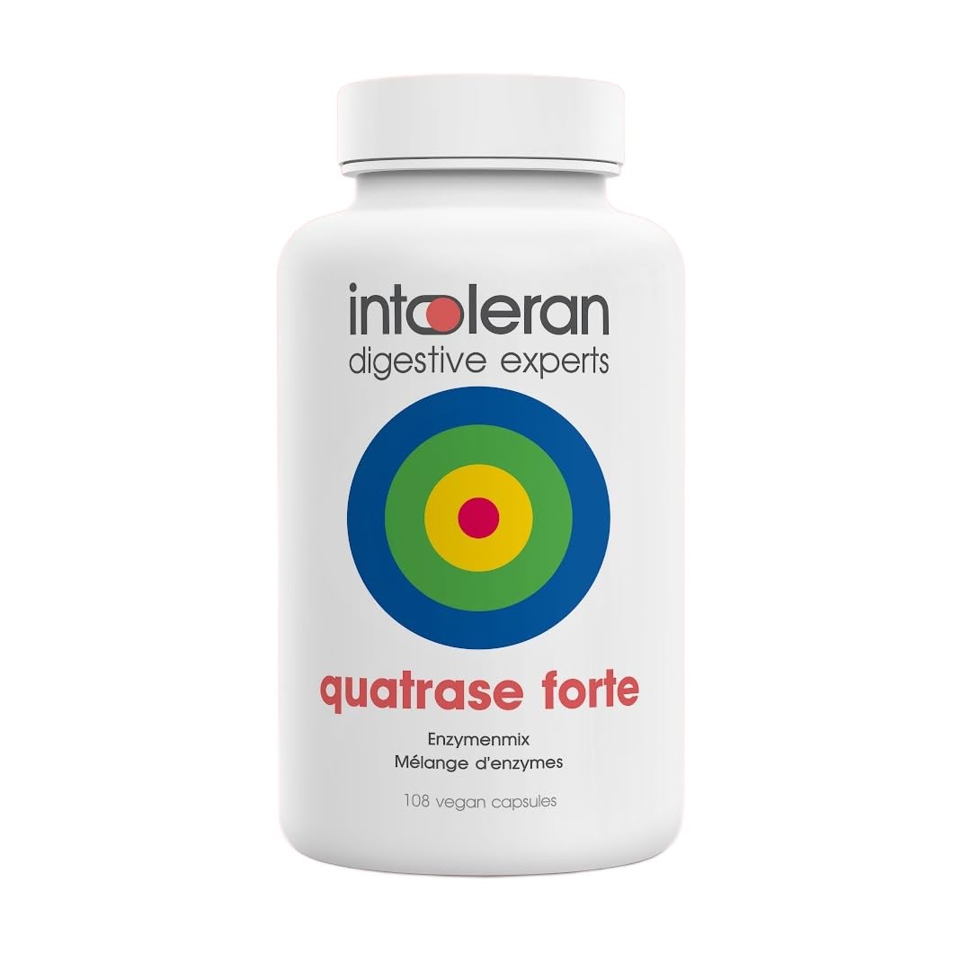 Intoleran Fodmix (Quatrase 10.000) Enzymes digestives - 108 gélules | Complément alimentaire hautement dosé pour l'intolérance au FODMAP, Aide à digérer le lactose et les glucides complexes