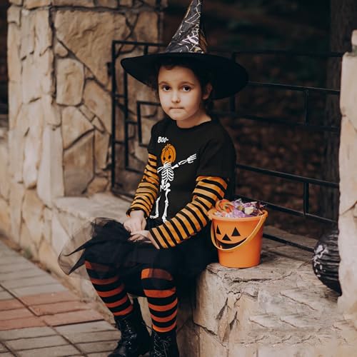 Toddler Boy Girl Halloween Shirts Pumpkin Face Long Sleeve Stripe T-Shirt Glow in The Dark Skeleton Tee Top 2-7T2