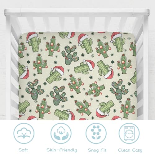 Image of Christmas Cactus Baby Crib Sheet 52''x28'' Desert Christmas Cactus Hats Snowflakes Fitted Crib Mattress Cover for Boy Girl Western Cactus Soft Baby Bed Sheets for Standard Crib and Toddler Mattress
