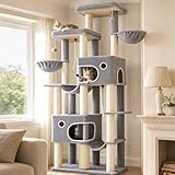 Hzuaneri Albero Tiragraffi Grande per Gatti, Torre per Gatti da Interno 213 cm con 2 Piattaforme XL, 2 Grotte, 10 Pali in Sisal, 2 Amache e Massaggiatore, per Maine Coon, Grigio Chiaro, MS21418LG