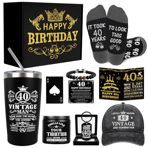 Amosking 40th Birthday Gifts for Men - Unique Birthday Box with 20 Oz Tumbler Scented Candle Socks Baseball Cap Keychain Bracelets and Bottle Opener for Husband Dad Friends Son