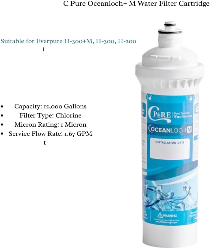 C Pure Oceanloch+ M Water Filter Replacement Cartridge – 15,000 Gallon Capacity, 1 Micron Rating, 1.67 GPM Flow Rate – Compatible with Everpure H-300+M, H-300, H-200 – Twist-In Chlorine Filter