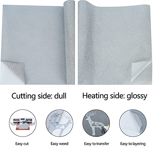 Image of guangyintong Glitter Silver Heat Transfer Vinyl HTV Rolls, 12 inch x 8ft Iron on Vinyl for T-Shirts, HTV Vinyl for All Cutter Machines Easy to Cut & Weed for Heat Vinyl Design