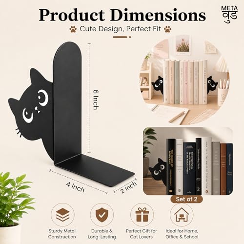 Image of Cute Kitten Metal Bookends Set of 2 - Heavy Duty Bookend for Shelves, Desk & Office, Decorative Book Organizer & Books Holder, Non Slip Metal Bookends for Books