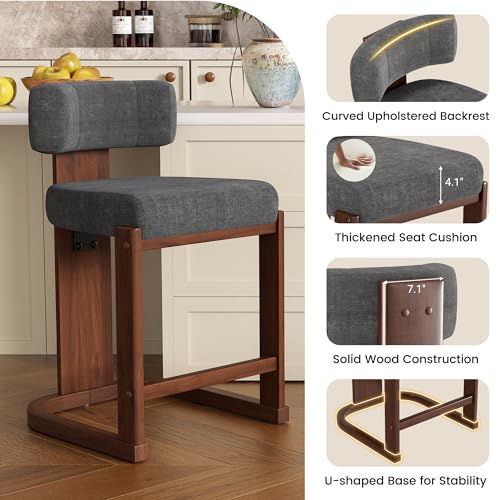 Image of Bar Stools Set of 5, Upholstered Counter Height Bar Stools, Mid Century Modern Counter Stools with Curved Backrest, Solid Wood Legs, 26 inch Bar Chairs for Kitchen Island Bar, Dark Grey