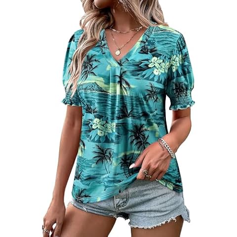 ZXZY Women Ruffle Short Sleeve Pleated V Neck Floral Print Hawaiian Shirts Blouse Tops Cover