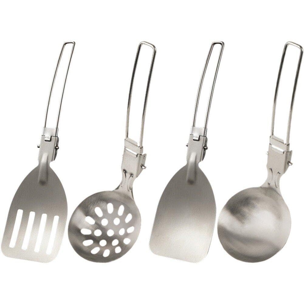 Lpitoy Silver 4Pcs/Set Camping Cooking Set Folding Camping Cookware Utensils Travel Set Rice Frying Soup Spoon Slotted Spoon