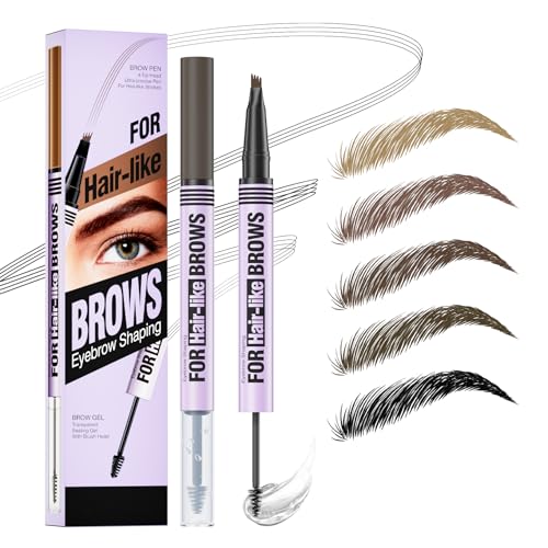 Eyebrow Pencil,2-In-1 Eyebrow Pen & Gel with 4-tip Microblade,Long-lasting Waterproof Eyebrow Dye,reates Natural Looking Defined Eyebrows (Brown)