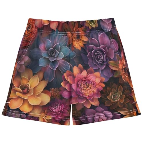 Girls Athletic Shorts Colorful Succulents Floral Print Youth Summer Casual Pajama Sleep Shorts with Pockets, X-Small
