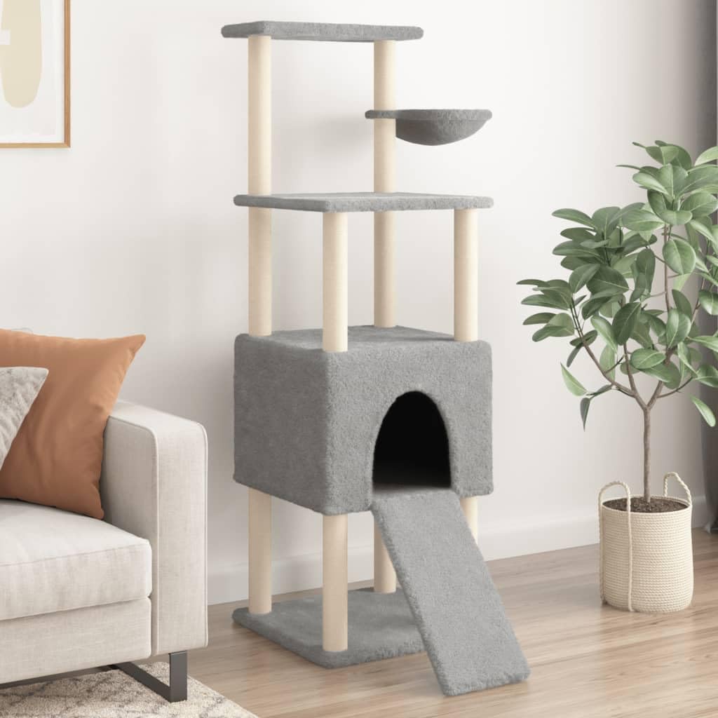 Árbol rascador de 153 cm con cueva, color gris claro | Torre para gatos de varios pisos con cueva, hueco para tumbarse y rampa de juego para el salón, estable y versátil.