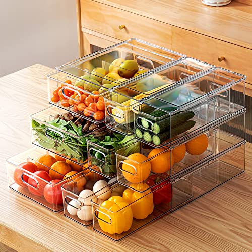 MineSign 9 Pack Stackable Refrigerator Organizer Bins Pull-Out Drawers for Fruit and Veggies Storage Organizer for Fridge Clear Drawer Containers with Handle Divided Organization for Produce Saver by MineSign - Used condition - US$109.31
