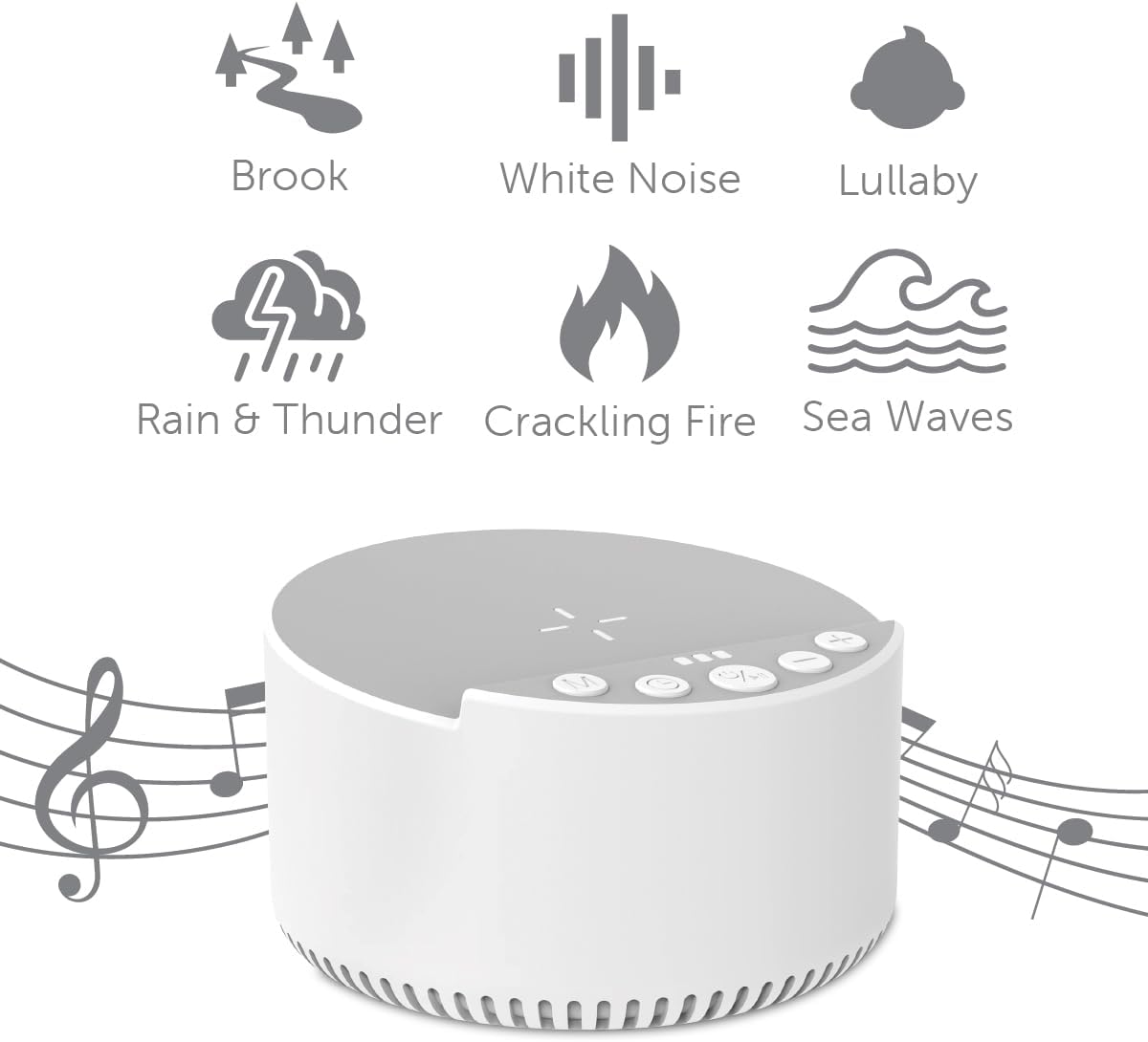 Icons representing the 6 natural sounds: Brook, White Noise, Lullaby, Rain & Thunder, Crackling Fire, Sea Waves.