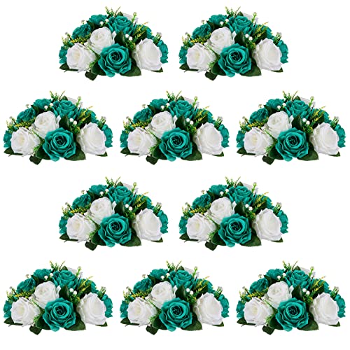 Image of NUPTIO Flower Wedding Centrepieces for Tables - 10 Pcs 9.5in Diameter Teal & White Artificial Flowers Rose Ball for Centerpieces Table - Fake Rose Arrangements for Weddings Birthday Party Decorations