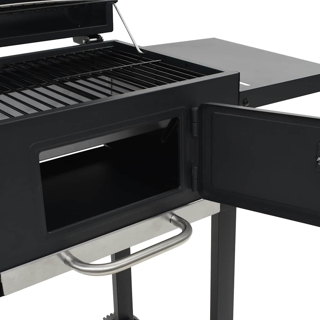 Griglia in carbonio con ripiano inferiore nero | Termometro integrato, 2 griglie smaltate, tavoli pieghevoli, 2 ruote, acciaio con rivestimento