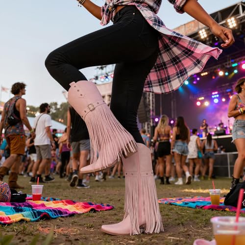 Image of Cowgirl Boots for Women Retro Pointed Toe Pull On Block Chunky Heel Embroide Tassel Country Concert Outfits Mid Calf Western Fringe Cowboy Boots
