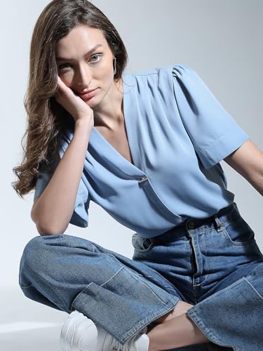 Image of VERO Moda Women's Regular Fit Solid V-Neck Top | Day to Evening | Short Sleeves Top for Women