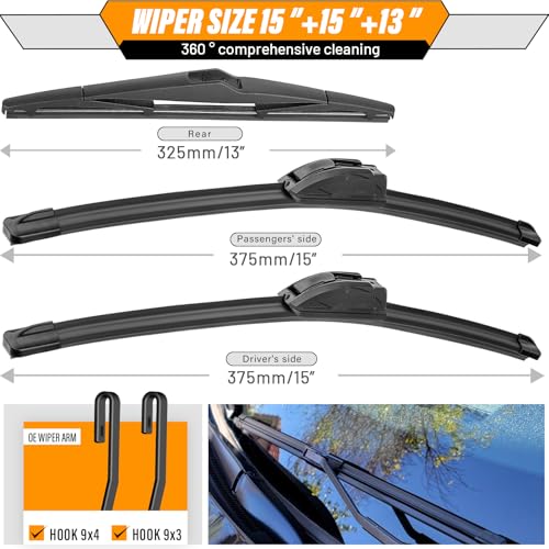 Image of AUTOBOO 15 inch+15 inch Windshield Wipers with 13 Inch Rear Wiper Blade Replacement for Jeep wrangler JK 2008-2018,Jeep wrangler 2007-2017-Original Factory Quality (Pack of 3)