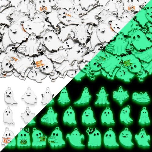 Trnayi 100 Pcs Halloween Ghost Charms Glow in the Dark Halloween Alloy Charms Ghost Pendant Mini Keychain Ornaments for DIY Necklace Earrings Jewelry Bracelets Keychain Making Accessories Decoration