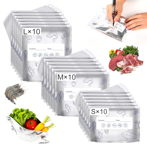 Reusable Aluminum Foil Sealable Storage Bags,2026 New Resealable Vacuum Zipper Pouches for Food,Thicken Foil Sealable Bags with Label and Zip Lock(30PCS, 3 Size)
