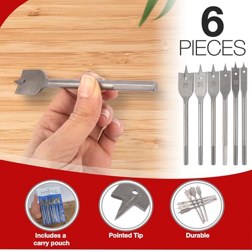 6 Heavy Duty Spade Drill Bits Set with a Vinyl Carry Pouch - 1/4 Inch Quick Change Hex Shank, 10mm, 12mm, 16mm, 18mm, 20mm, and 25mm, Flat wood Bit Set, Woodworking Hole Cutter Tool 3 6 Heavy Duty Spade Drill Bits Set with a Vinyl Carry Pouch - 1/4 Inch Quick Change Hex Shank, 10mm, 12mm, 16mm, 18mm, 20mm, and 25mm, Flat wood Bit Set, Woodworking Hole Cutter Tool - Image 3