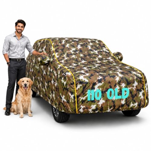 Image of Waterproof Car Cover for i10 Old | Soft Cotton Lining Heavy Duty Triple Stitched Heat Resistant Outdoor Cover Comes with Mirror and Antenna Pocket Full Bottom Elastic (Zig Zag Jungle)