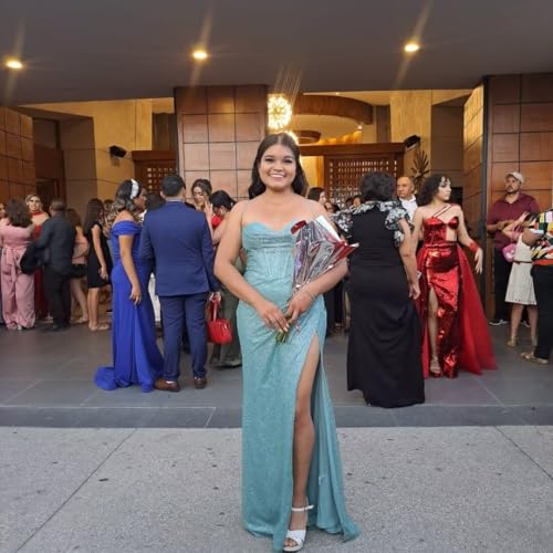 Fivsole Women's Long Satin Prom Dresses Spaghetti Straps Square-Neck Backless Formal Evening Party Gowns with Slit4