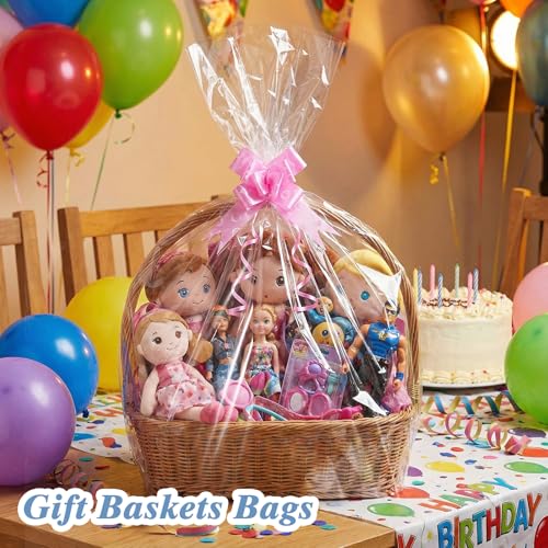 Image of woric 12Pcs Clear Cellophane Gift Bags 24x30 Inch | OPP Cellophane Wrap for Gift Baskets Graduation Gifts Baby Bridal Shower Stuffed Animal Candy(Ribbon not included)