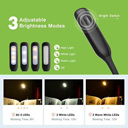 Rechargeable Book Light, TOPELEK LED Reading Light with 3-level Brightness (Cool & Warm), Flexible Easy Clip On Reading Lamp, Eye Protection , Soft Table Light for Night Reading in Bed