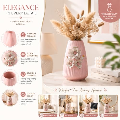Image of MARKET 99 Ceramic Flower Vase (Pink) | Engraved Ribbed Floral Pattern | Decorative Floral Vase for Fresh & Artificial Flowers | Elegant Home, Living Room & Office Table Decor
