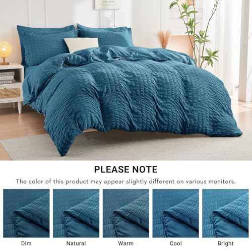 Image of HYMOKEGE Teal King Size Comforter Set Seersucker 7 Pieces, All Season Luxury Bed in a Bag for Bedroom, Bedding Set with Comforters, Sheets, Pillowcases & Shams
